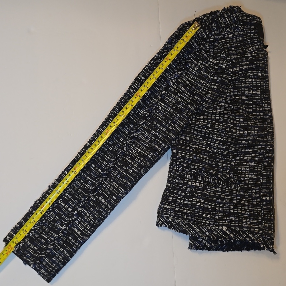 Banana Republic Tweed Zip Up Fringe Navy Off white Cotton Blend Jacket Blazer 4 - Picture 14 of 15